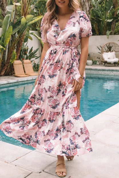 Pink Floral Puff Sleeve High Waist Maxi Dress - Chic Meadow Boutique 