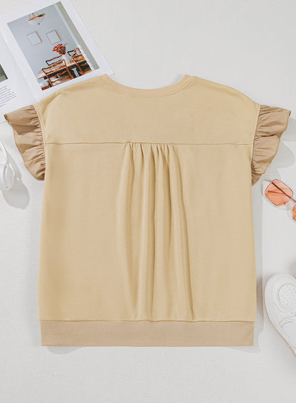 Parchment Ruffled Short Sleeve Bowknot Applique Crew Neck Plus Size Top