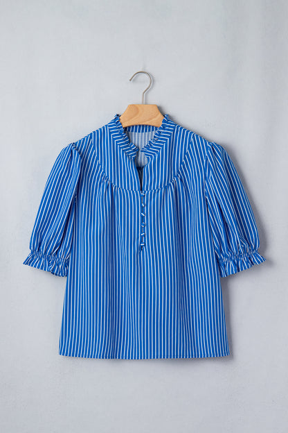 Blue Stripe Ruffled Short Puff Sleeve Button Front Blouse