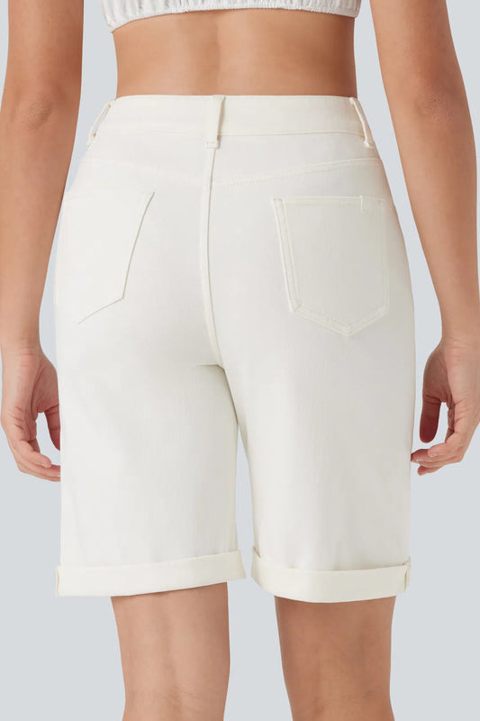 White Solid Color Rolled Cuffs Denim Bermuda Shorts
