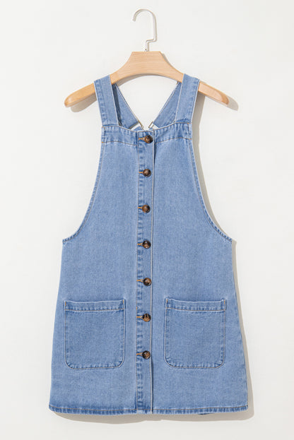 Beau Blue Wide Strap Button Front Pocketed Denim Mini Dress