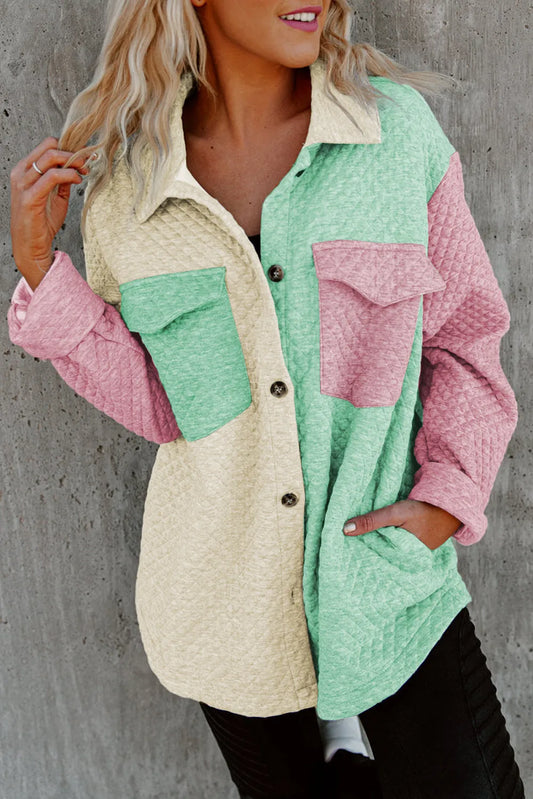 Green Color Block Patchwork Flap Pocket Quilted Shacket - Chic Meadow Boutique 