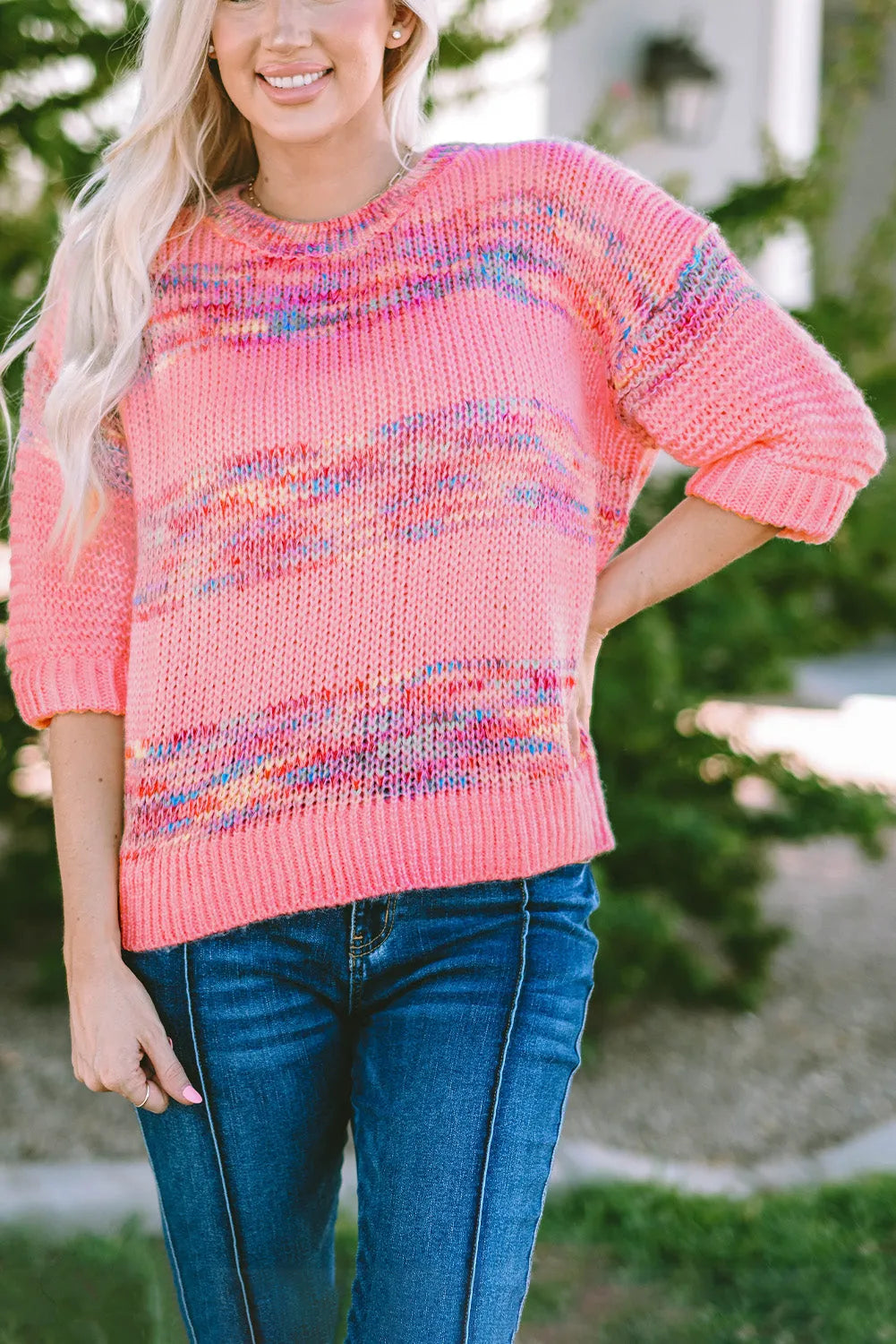 Rose Colorful Stripes 3/4 Sleeve Loose Sweater - Chic Meadow Boutique 