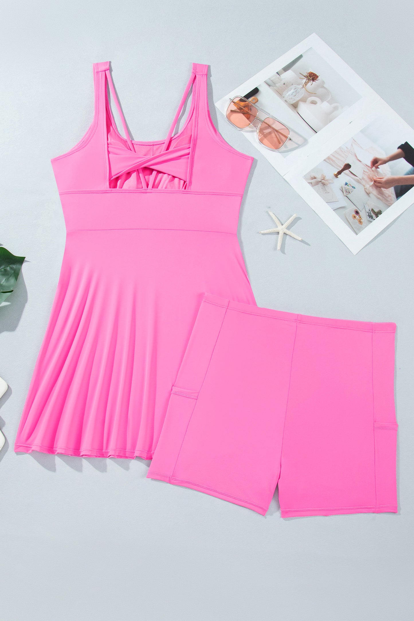 Bright Pink Twisted Strappy Back Active Mini Dress with Shorts