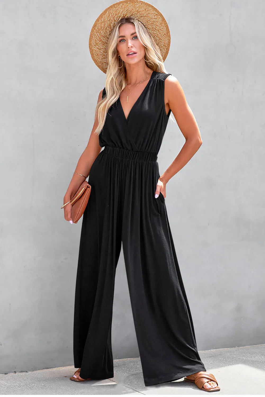 Black Deep V Pleated Crisscross Wide Leg Backless Jumpsuit - Chic Meadow Boutique 