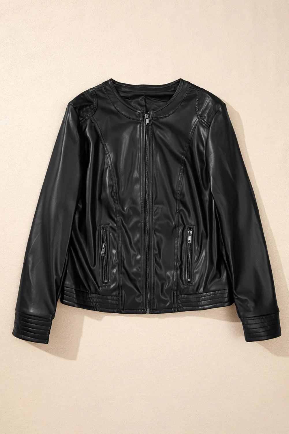 Black Solid Faux Leather Zipper Slim Fit Bomber Jacket - Chic Meadow Boutique 