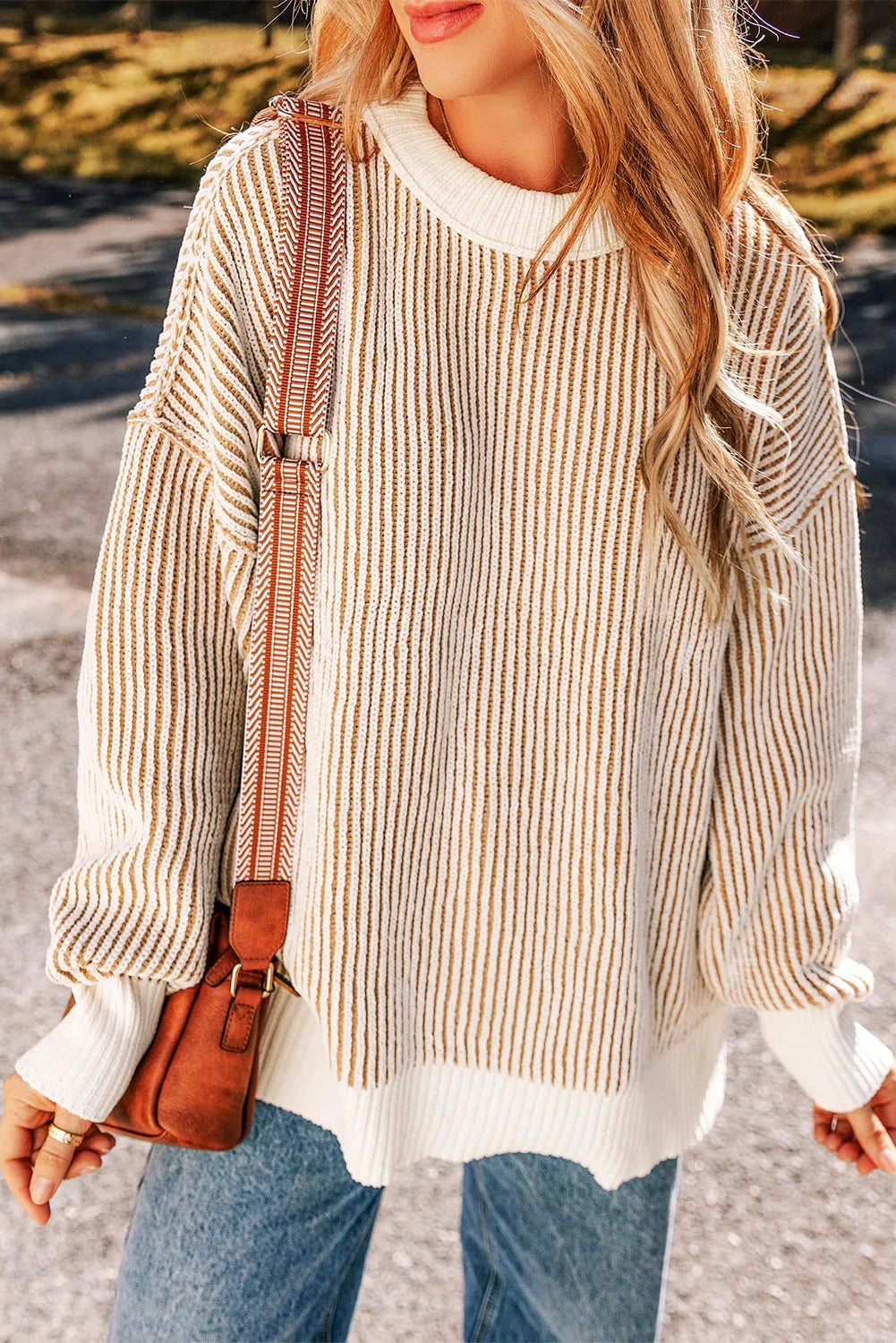 Chestnut Striped Textured Knit Contrast Edge Loose Sweater - Chic Meadow Boutique 