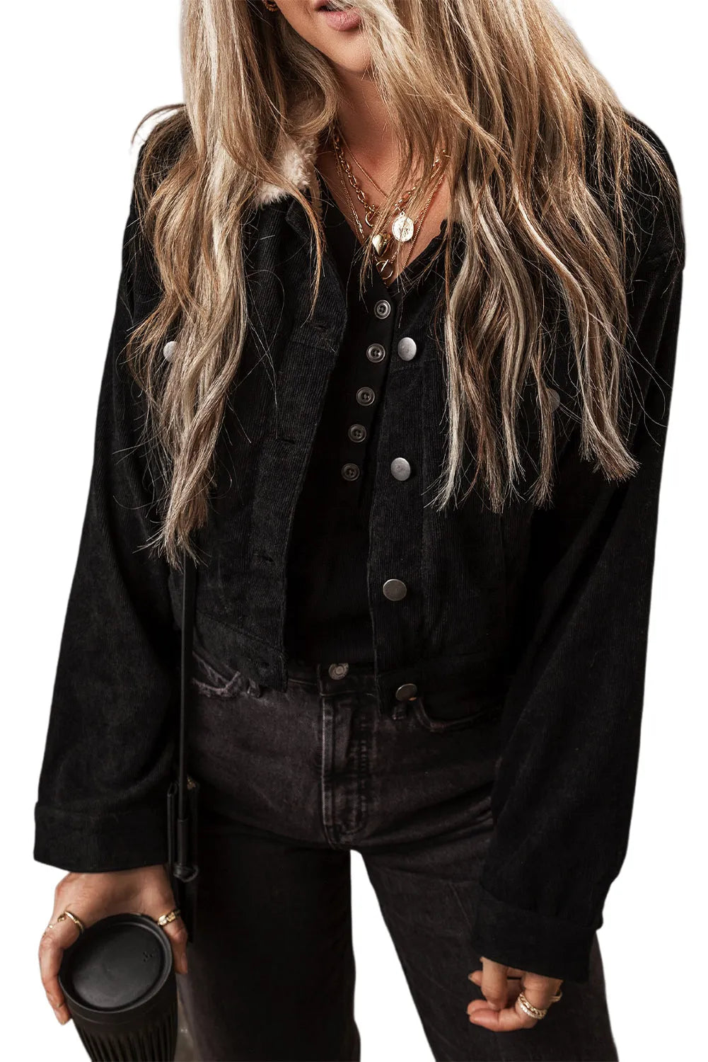 Black Fleece Lined Button-up Collared Corduroy Crop Jacket - Chic Meadow Boutique 