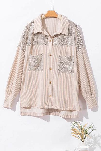 Parchment Sequin Patch Chest Pocket Corded Shacket - Chic Meadow Boutique 