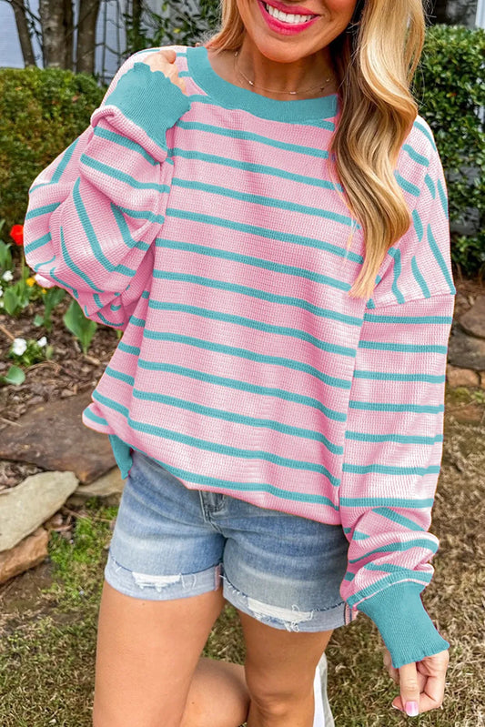 Pink Stripe Trimmed Round Neck Drop Shoulder Loose Sweater - Chic Meadow Boutique 