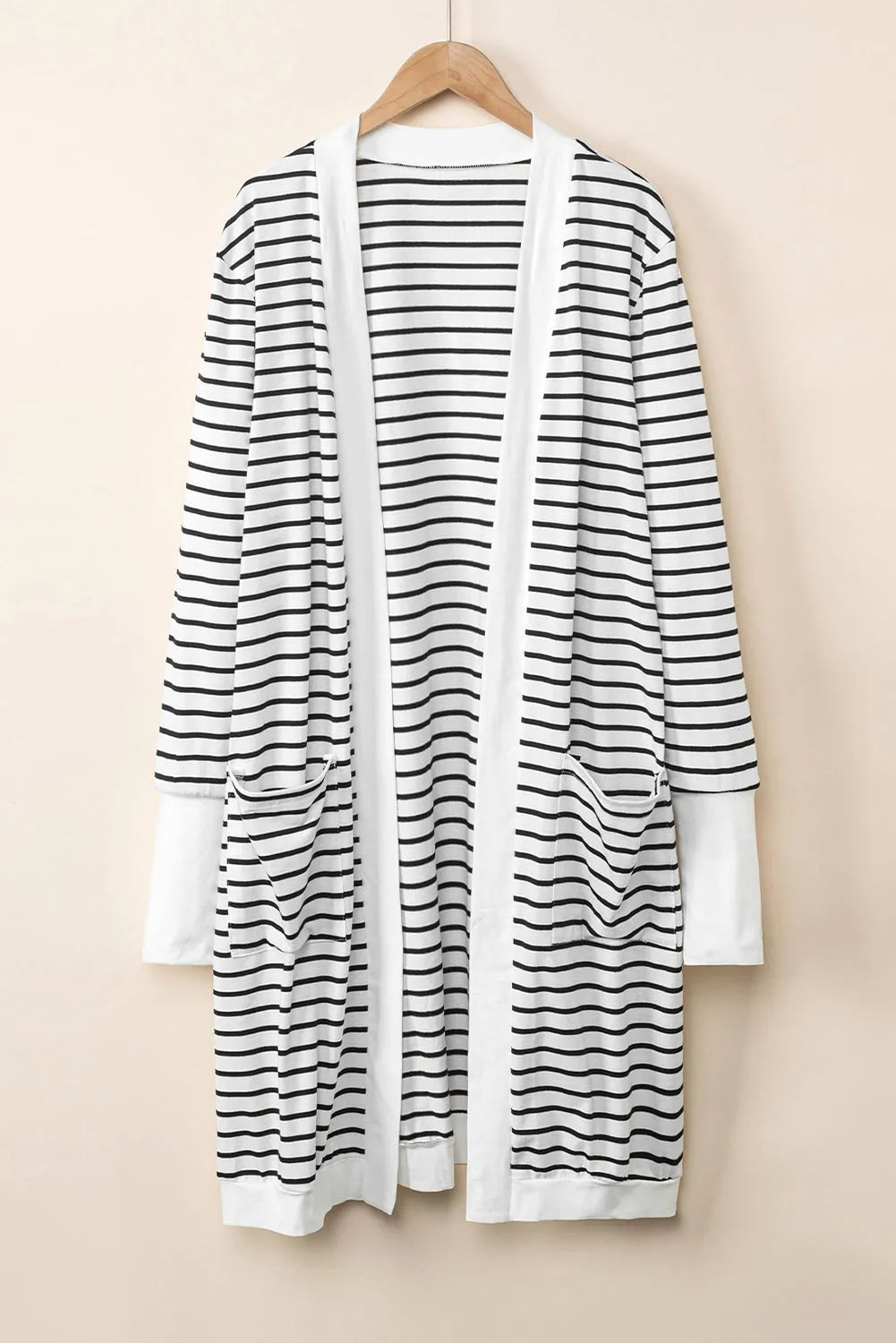 White Striped Side Pockets Open Front Cardigan - Chic Meadow Boutique 