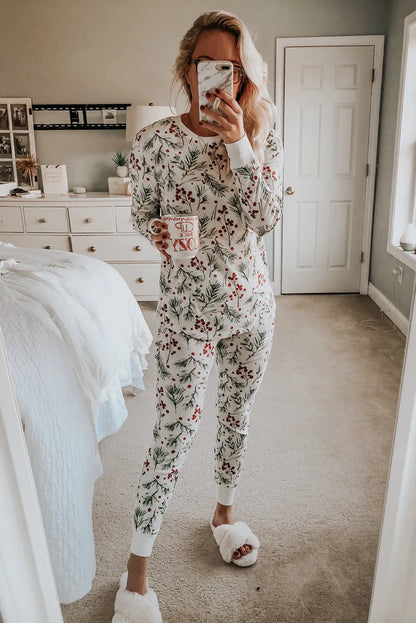 White Holly Print Thermal Pullover Pants Lounge Set - Chic Meadow Boutique 