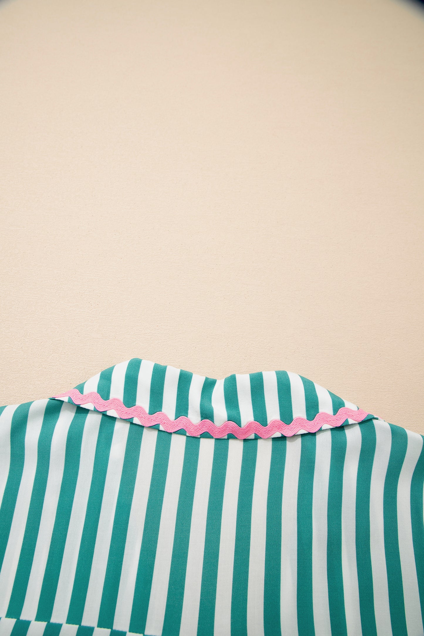 Green Stripe Contrast Ricrac Trim Long Sleeve Shirt Drawstring Ruffled Pajama Short Set