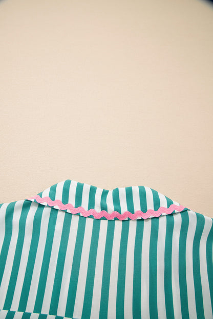 Green Stripe Contrast Ricrac Trim Long Sleeve Shirt Drawstring Ruffled Pajama Short Set