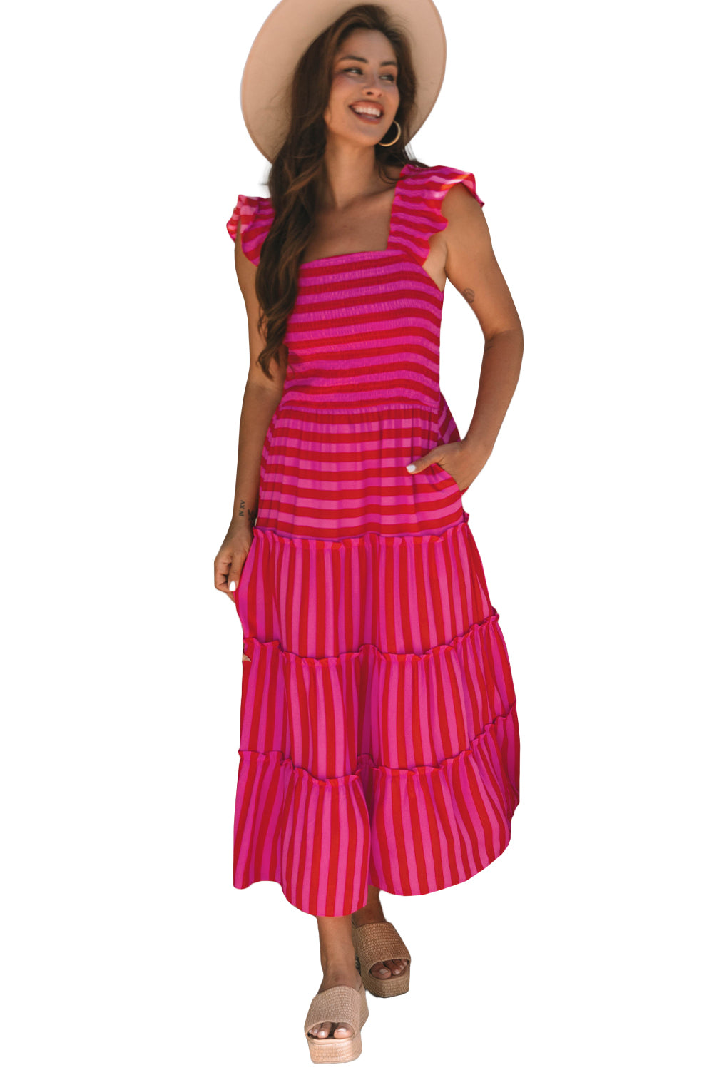 Rose Stripe Flutter Sleeve Smocked Bodice Tiered Maxi Dress