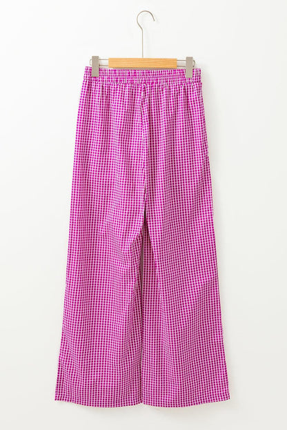 Bottoms/Pants & Culotte Pink Plaid Print Drawstring High Waist Wide Leg Casual Pants