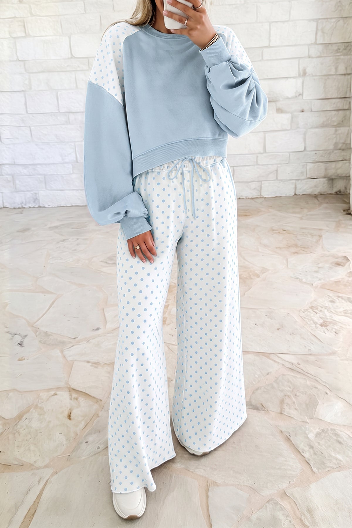 Light Blue Polka Dot Patchwork Colorblock Long Sleeve Casual Two Piece Pants Set
