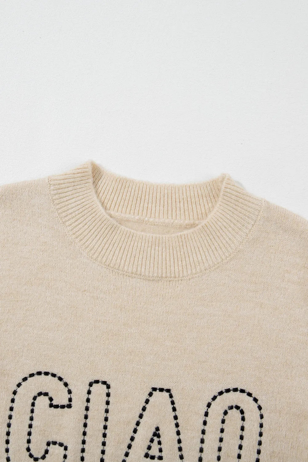 Oatmeal CIAO Letter Graphic Crew Neck Sweater - Chic Meadow Boutique 