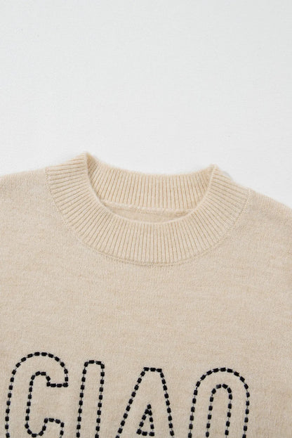 Oatmeal CIAO Letter Graphic Crew Neck Sweater - Chic Meadow Boutique 