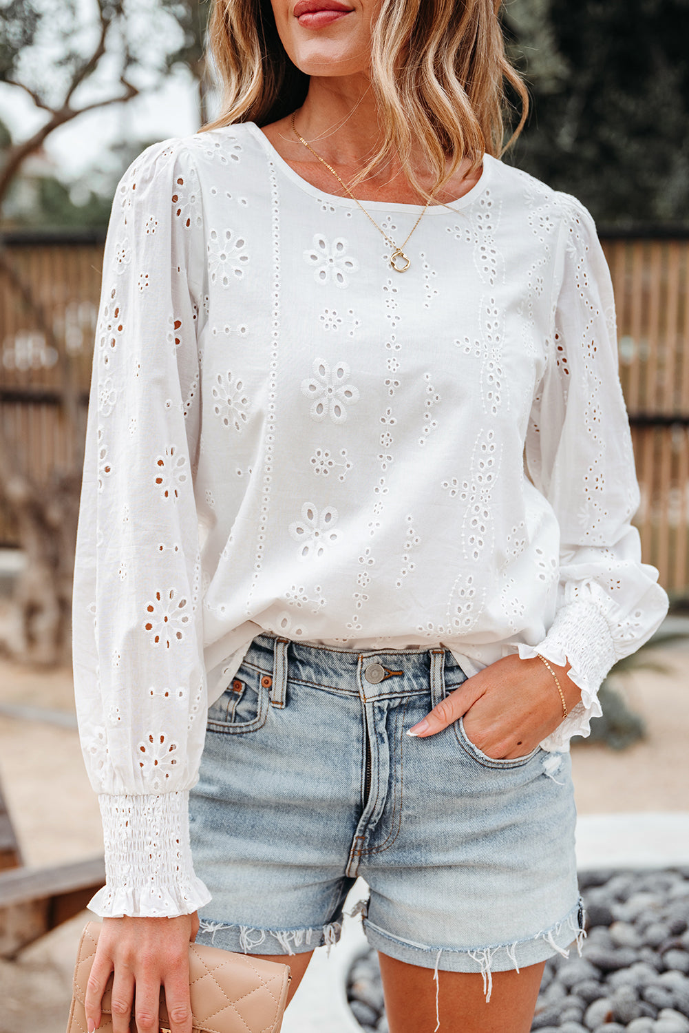 White Eyelet Embroidered Smocked Cuff Sheer Blouse
