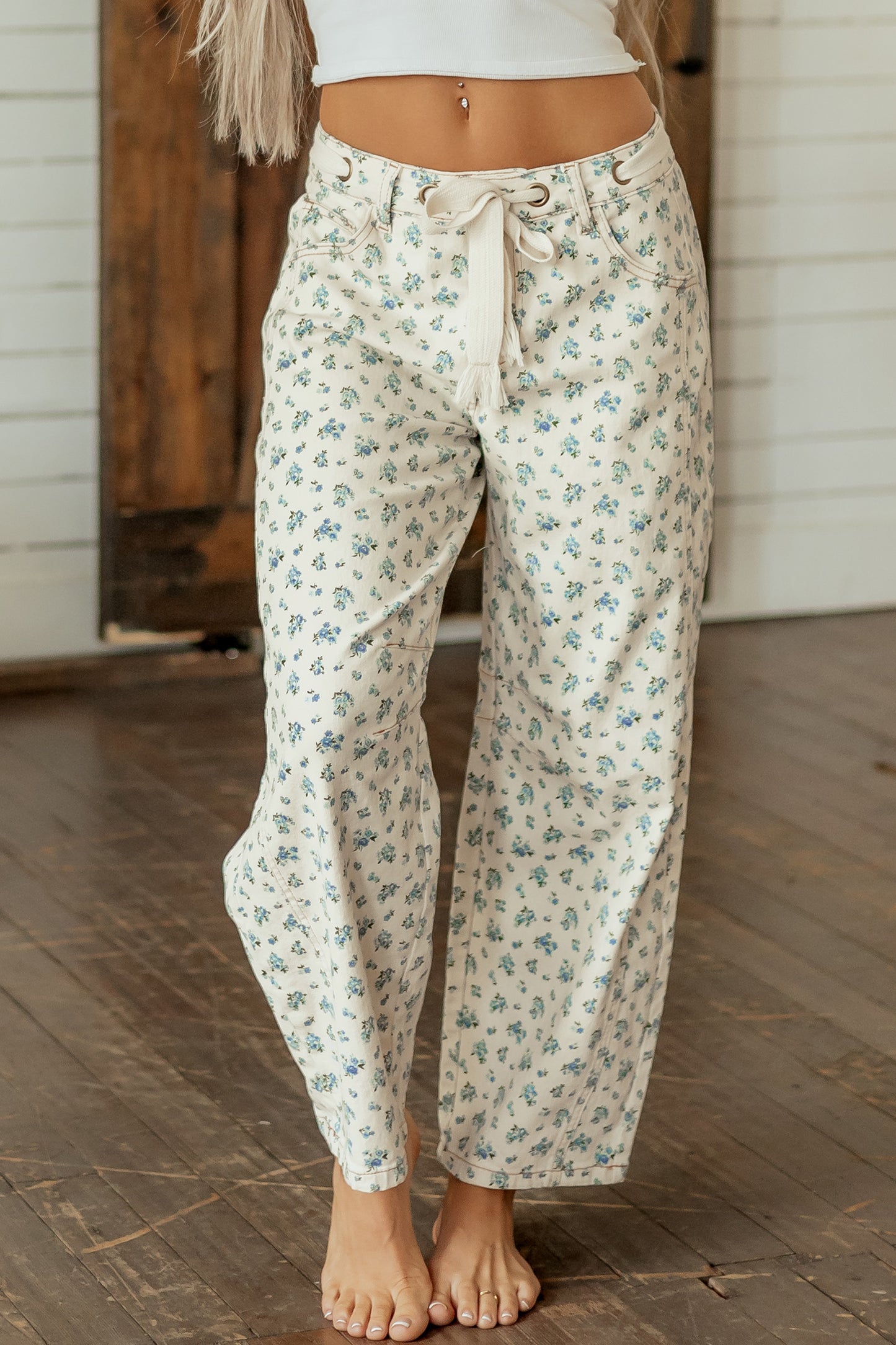 Beige Grommet Knot Waist Floral Barrel Leg Jeans