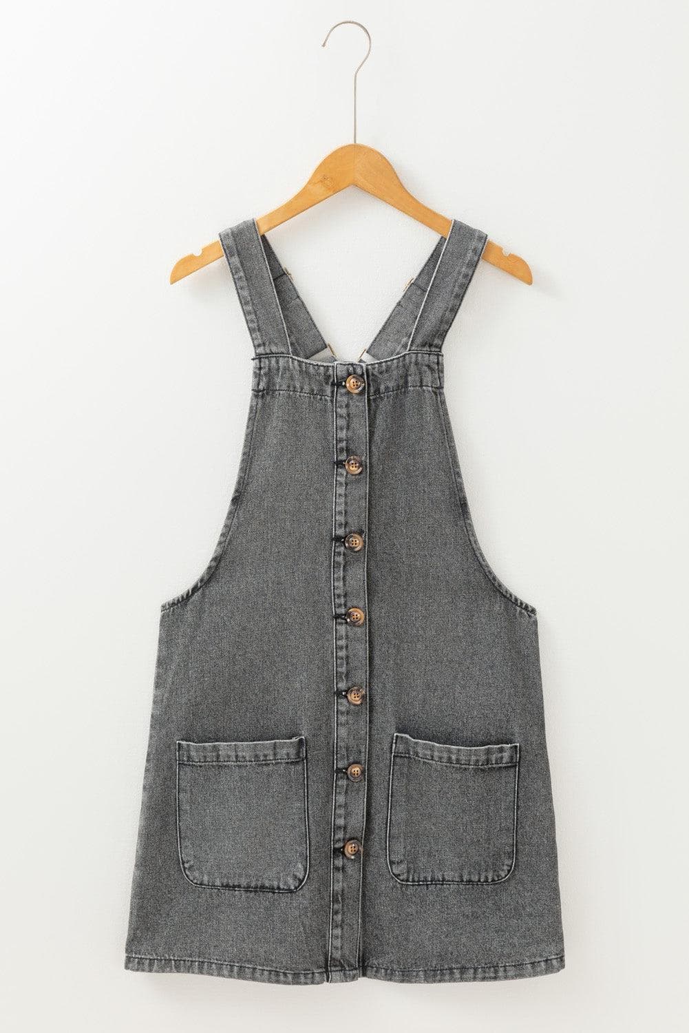 Dresses/Mini Dresses Medium Grey Wide Strap Button Front Pocketed Denim Mini Dress