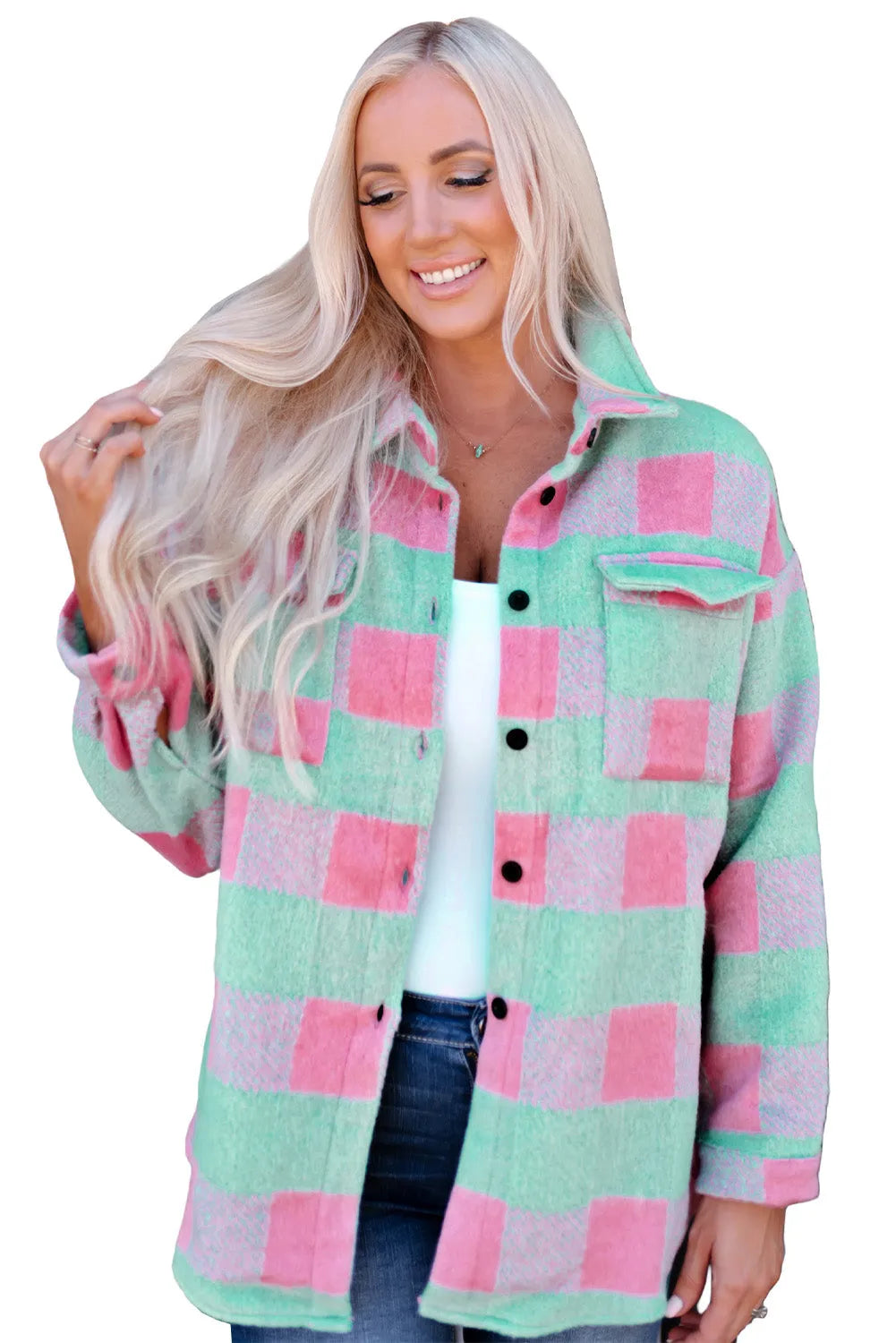 Pink Plaid Pattern Oversized Shacket - Chic Meadow Boutique 