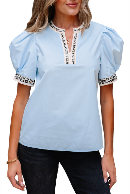Beau Blue Contrast Leopard Trim Split Neck Puff Sleeve Blouse