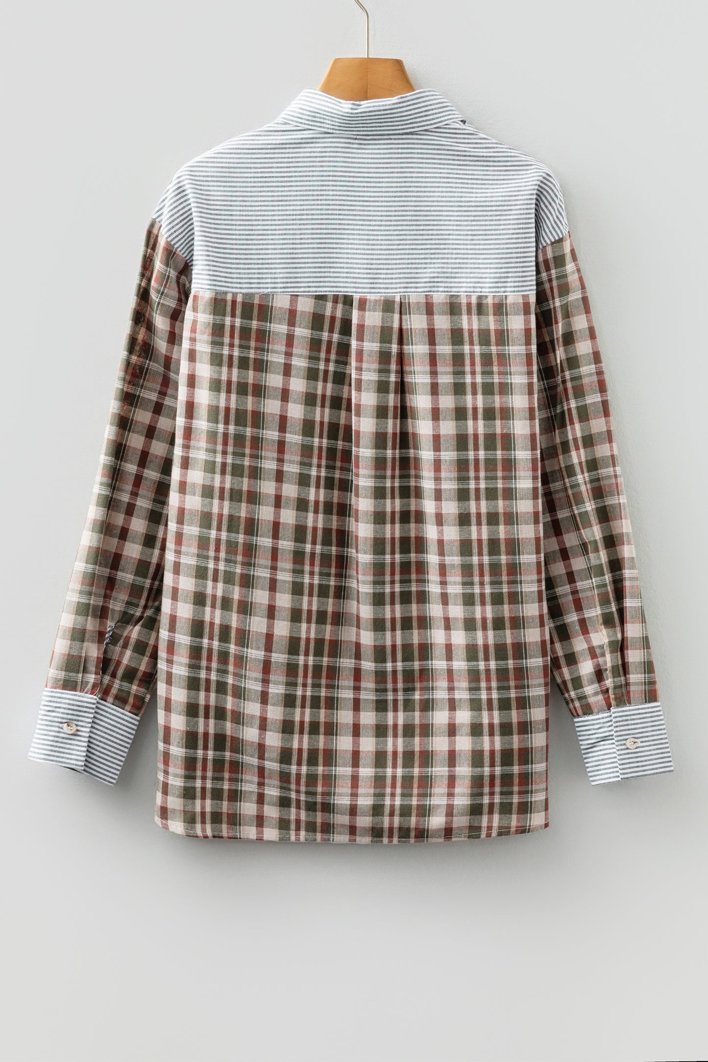 Brown Plaid Print Striped Patchwork Single Chest Pocket Buttoned Shirt