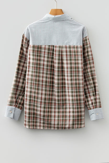 Brown Plaid Print Striped Patchwork Single Chest Pocket Buttoned Shirt