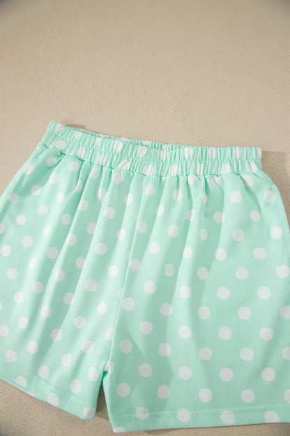 Green Polka Dot Print Color Block Trim Mock Neck Short Set