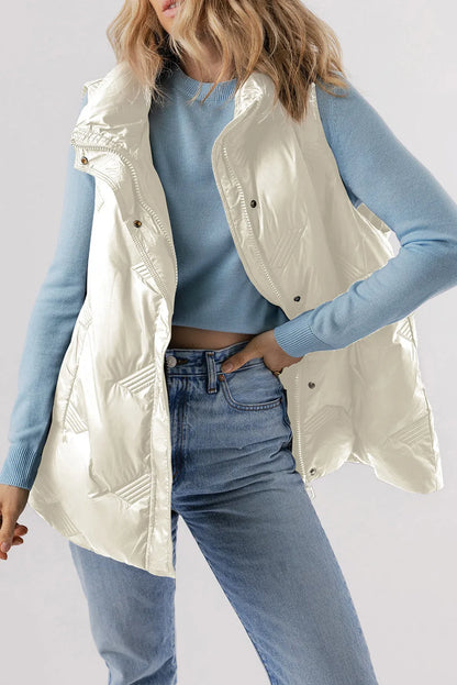 White Quilted High Neck Zip Up Jacket Vest - Chic Meadow Boutique 