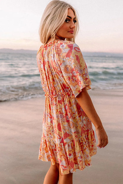 Orange Wide Flutter Sleeve Floral Dress - Chic Meadow Boutique 