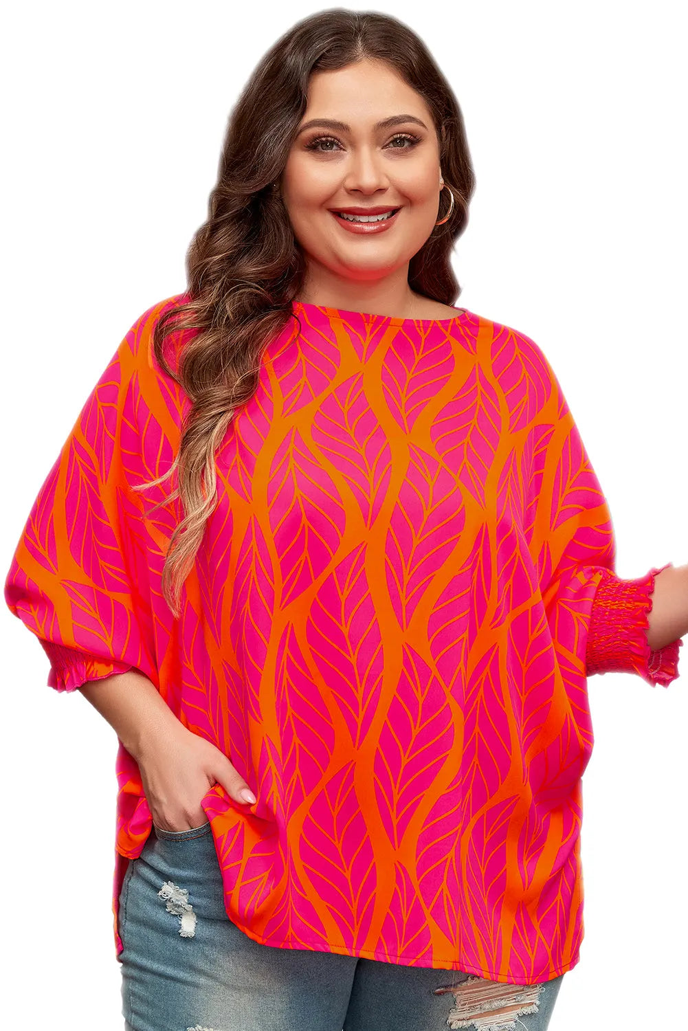 Rose Leafy Printed Smocked Lantern Sleeve Plus Size Blouse - Chic Meadow Boutique 