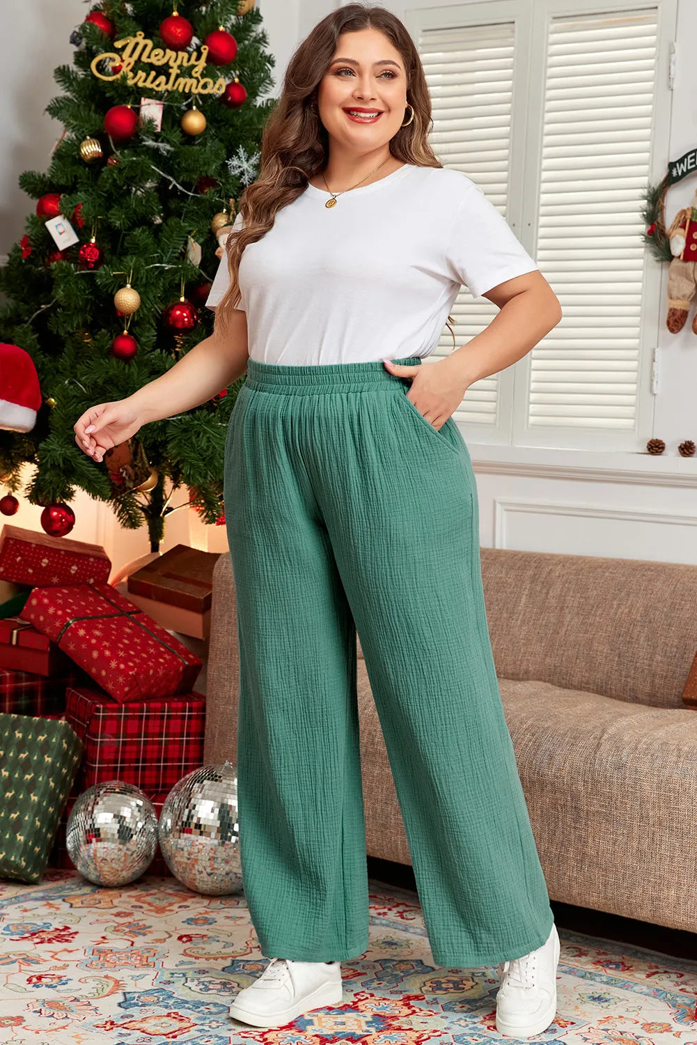 Smoke Green Plus Size Textured Frayed Edge Wide Leg Pants - Chic Meadow Boutique 