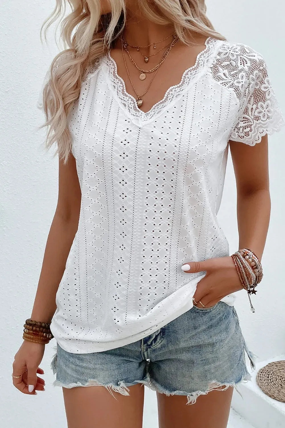 White Sheer Lace Short Sleeves Eyelet Embroidered Tee - Chic Meadow Boutique 