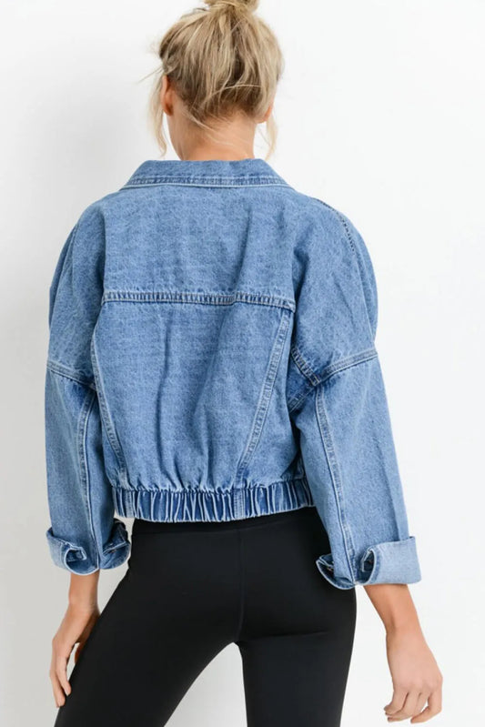 Sky Blue Medium Wash Chunky Cropped Denim Jacket - Chic Meadow Boutique 