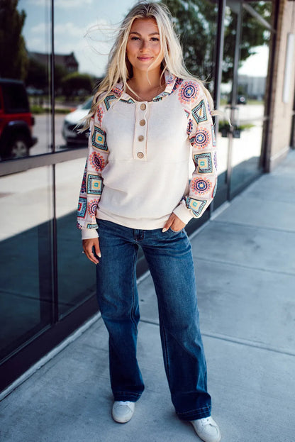 White Geometric Patchwork Raglan Sleeve Henley Hoodie - Chic Meadow Boutique 