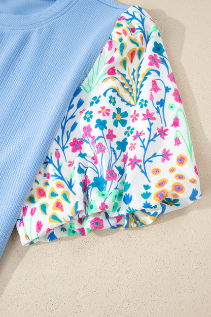 Light Blue Textured Bodice Contrast Floral Sleeve Plus Size Top
