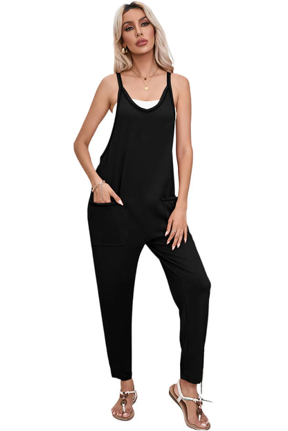 Black Side Pockets Harem Pants Sleeveless V Neck Jumpsuit - Chic Meadow Boutique 