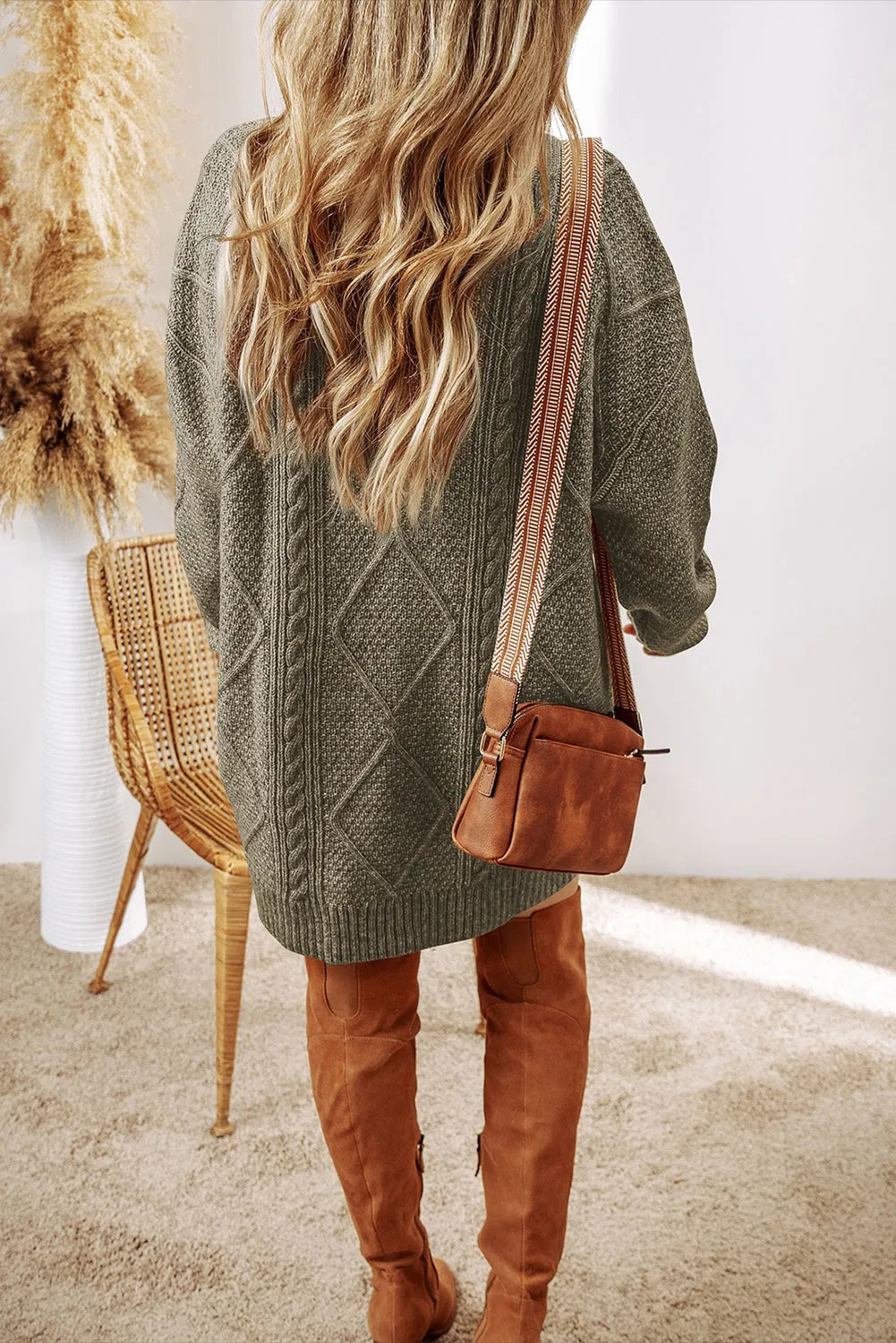 Mist Green Cable Knit Drop Shoulder Loose Fit Sweater Dress - Chic Meadow Boutique 