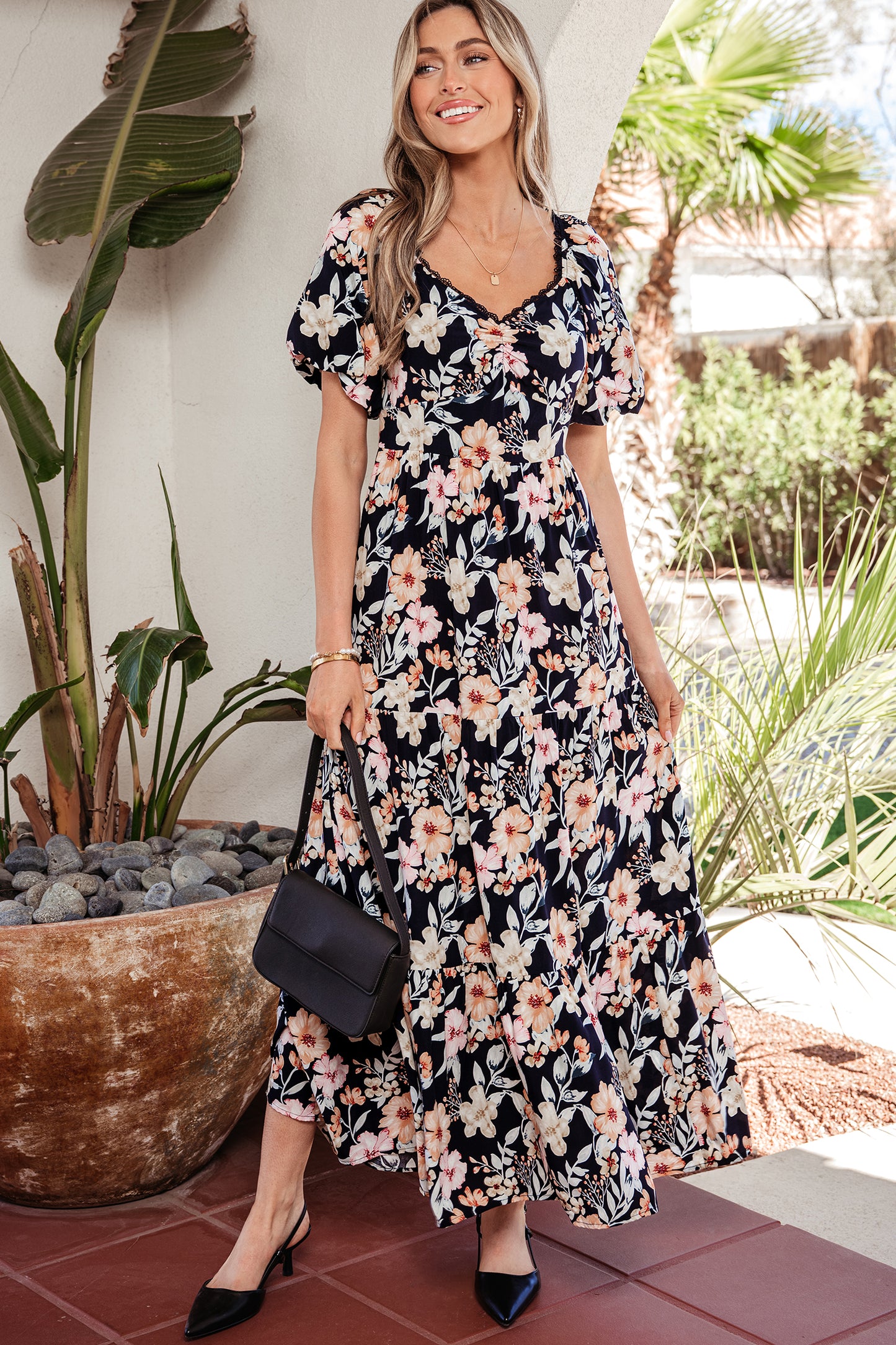 Blue Short Sleeve Smocked Detail High Waist Floral Maxi Dress