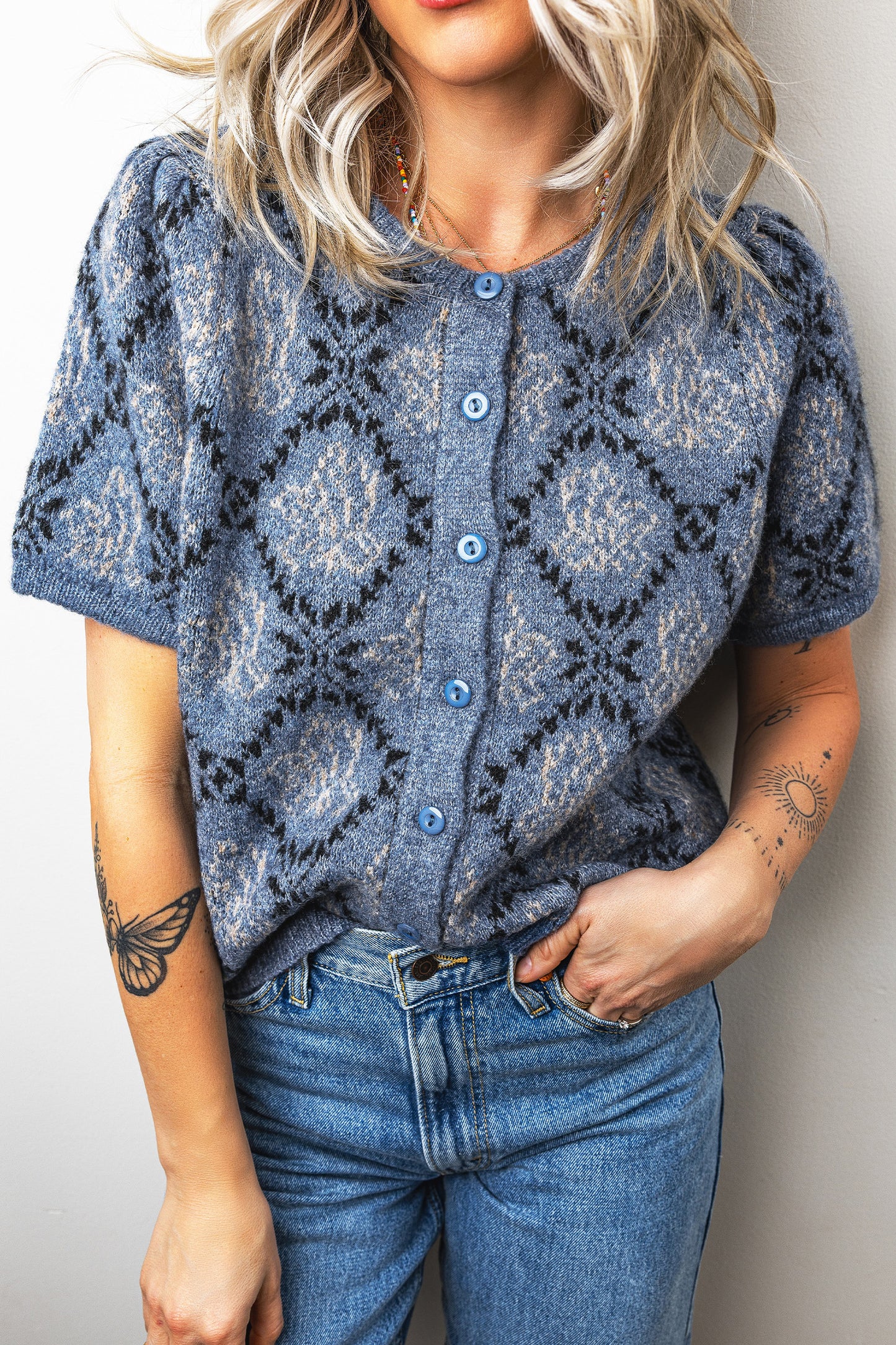 Dark Blue Short Sleeve Button Front Boho Knit Top Cardigan