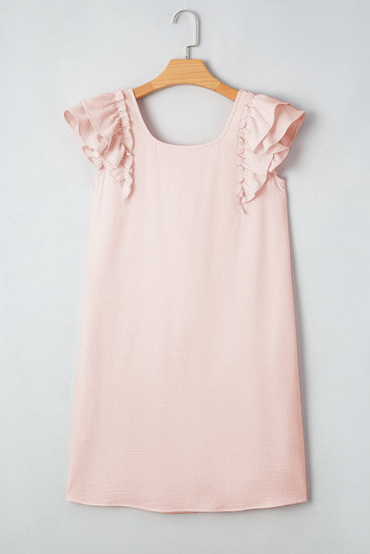 Light Pink Textured Flutter Sleeve Square Neck Bow Back Mini Dress