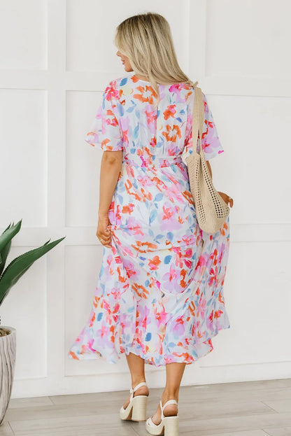 Multicolor Tropical Floral Print Ruched V Neck Maxi Dress - Chic Meadow Boutique 