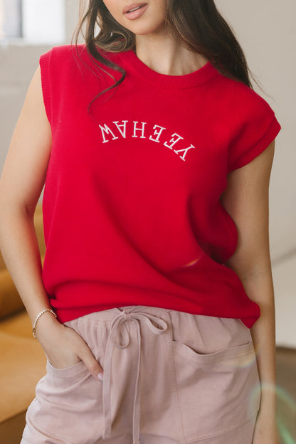 Fiery Red YEEHAW Embroidered Letter Loose Short Sleeve Sweater