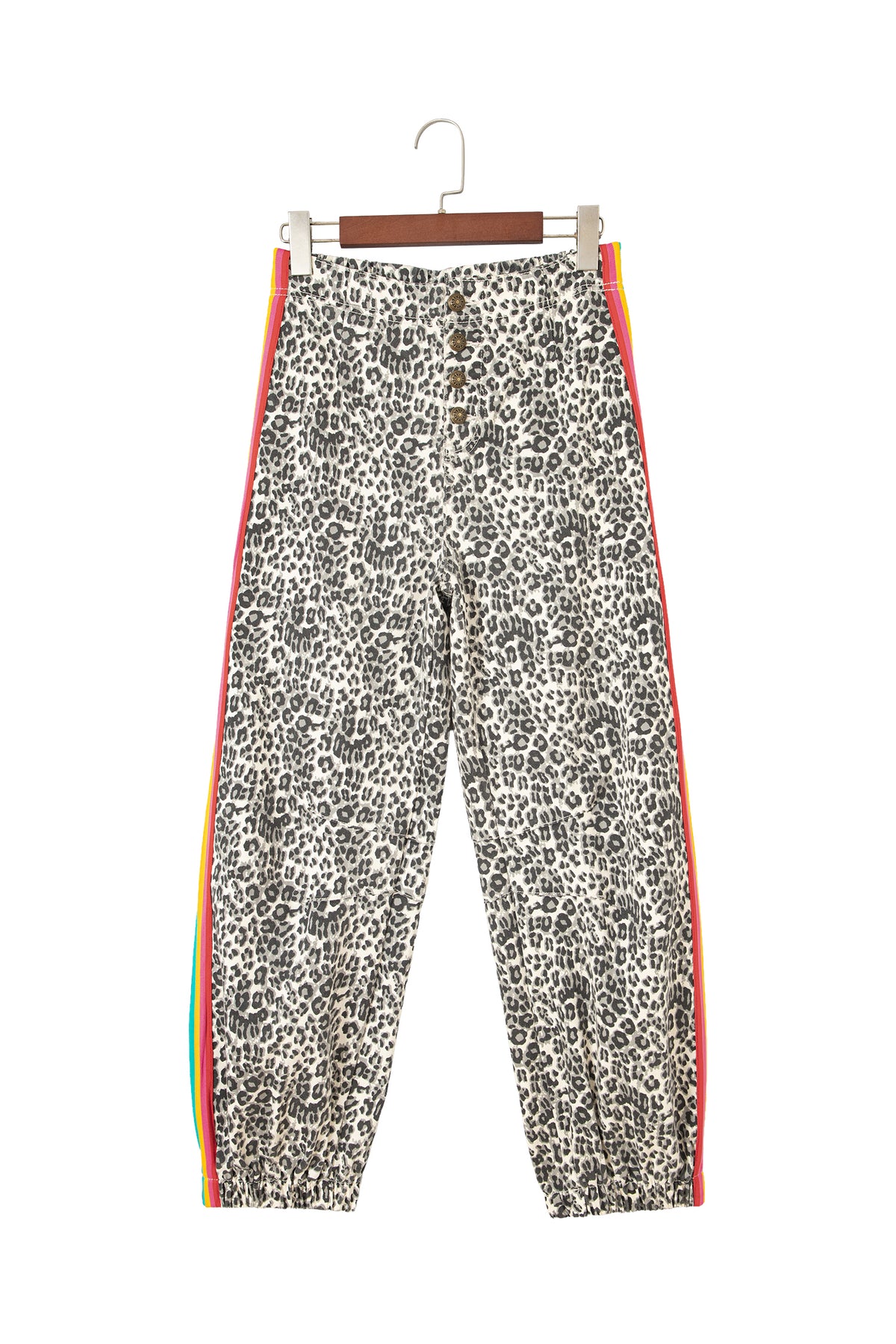 Brown Leopard Print Rainbow Striped Detail Buttoned Loose Jogger Jeans