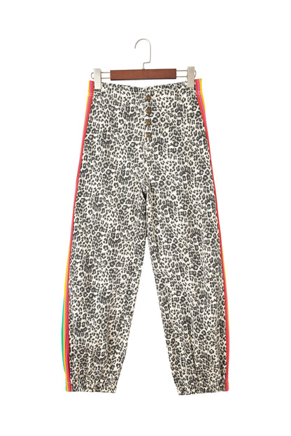 Brown Leopard Print Rainbow Striped Detail Buttoned Loose Jogger Jeans