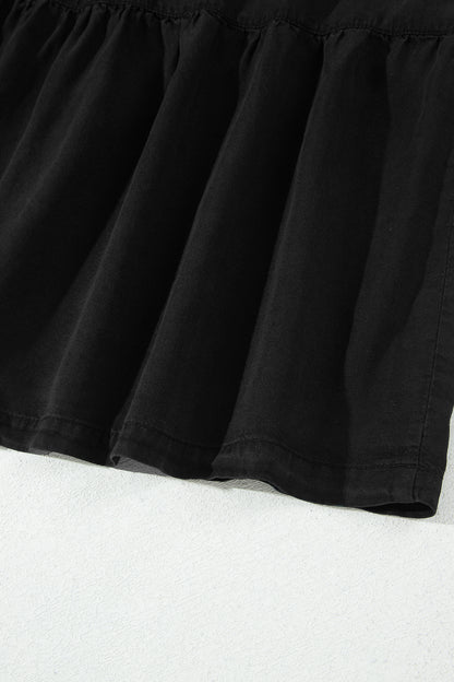 Black Elastic Waist Ruffled Tiered Flared Denim Maxi Skirt