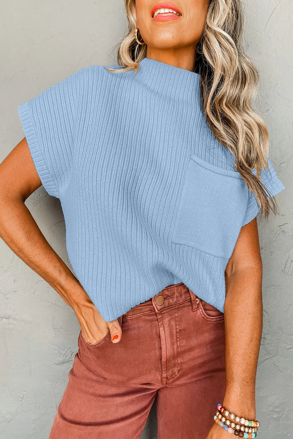 Beau Blue Patch Pocket Ribbed Knit Short Sleeve Sweater - Chic Meadow Boutique 